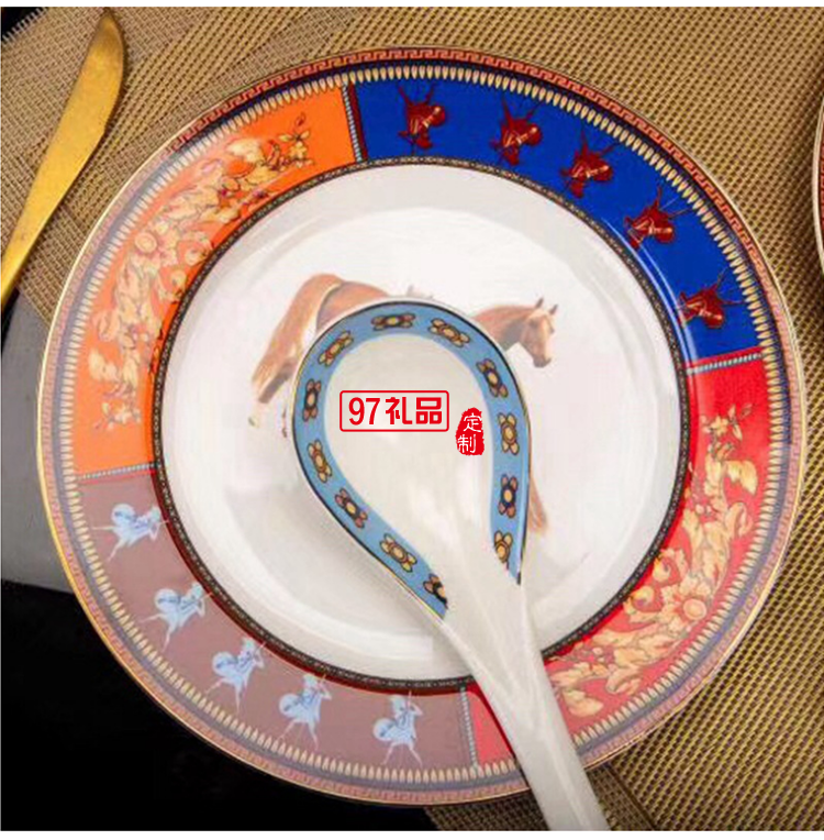 愛(ài)馬HERME白馬圖高檔骨瓷餐具28頭套裝禮盒碗盤(pán)碟瓷器歐式奢華
