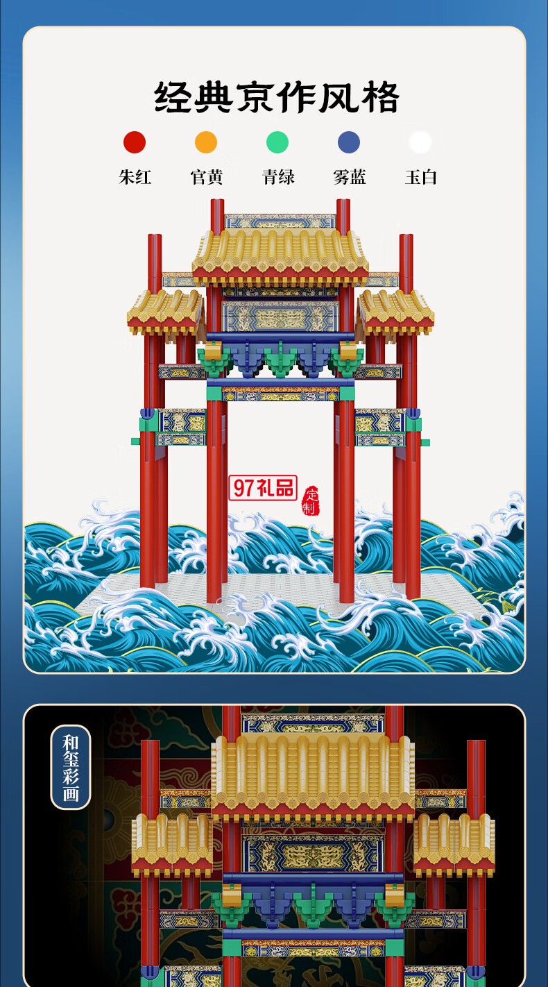 魚(yú)躍龍門(mén)牌坊故宮榫卯積木玩具中國(guó)風(fēng)古建筑潮玩禮物拼裝模型diy